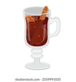 Vector image of red wine mulled wine in a glass mug. Image of alcoholic cocktail of wine with anise, ginger and oranges with cinnamon. Logo and icon for coffee pots isolated on white background