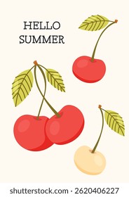 Vector image of red and yellow cherries with leaves and "Hello Summer" text on light background in cartoon style.
