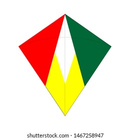 Vector image of red yellow and green kite toy for sport and game, with white backgrounds.