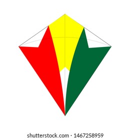 Vector image of red, yellow and green kite toy for sport and game, with white backgrounds.