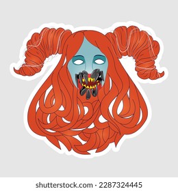Imagen vectorial de una mujer demonio de cabello rojo con boca de araña. Esto se puede usar como pegatina, avatar, tatuaje, personaje de juego, etc.