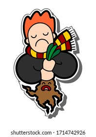 vector image of a red-haired displeased boy with a screaming mandrake, a young wizard. Image for sticker, badge, stripe, poster, baby clothes, fabric, textile.