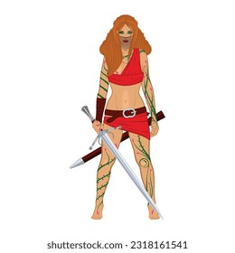 Vector image of a redhead girl in a veil and with a longsword. Fairy. Fantasy female knight. Amazon. The drawing for design. Color tattoo. Vector illustrations for t shirt print.