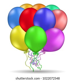 Vector image of reelistic colored balloons bandaged with a bow on a white isolated background.