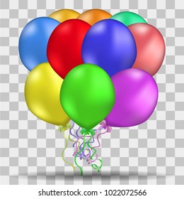 Vector image of reelistic colored balloons bandaged with a bow on a transparent background