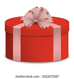 Vector image of a reelistic, red, circular, closed box dressed with pink ribbon with a bow on a white isolated background.
