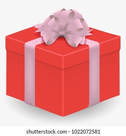 Vector image of a reelistic, red, closed box dressed with pink ribbon with a bow on a white isolated background.