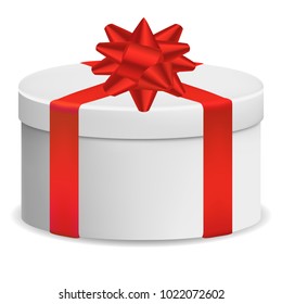 Vector image of a reelistic, white, round, closed box red ribbon ribbon with a bow on a white isolated background.