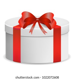 Vector image of a reelistic, white, round, closed box red ribbon ribbon with a bow on a white isolated background.