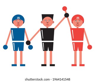 Imagen vectorial de un árbitro y boxeadores. Anuncio del ganador