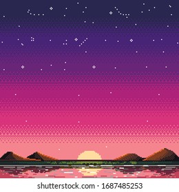 Vector image the reflection the sun in the water   mountains  8  bit illustration starry night sky  Pixel art lake dark violet  red   pink background  80s landscape for video games 