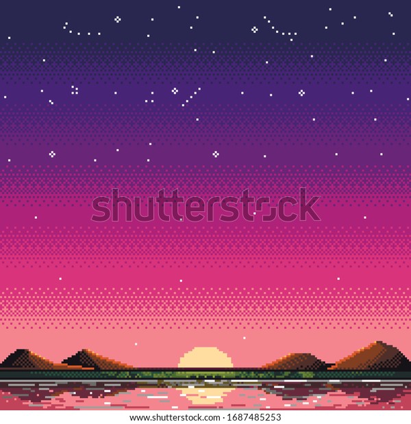 Vector image of the reflection of the sun in the\
water and mountains. 8-bit illustration of a starry night sky.\
Pixel art lake on a dark violet, red and pink background. 80s\
landscape for video\
games.
