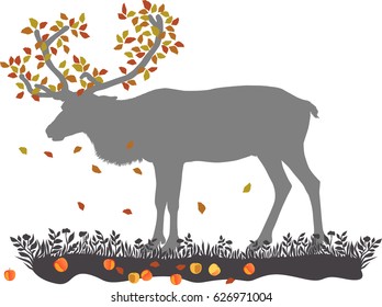 vector image, reindeer, horns, branches of the Apple tree with autumn leaves.