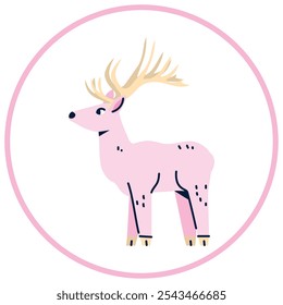 Vector image of reindeer icon inside a circle with pink line