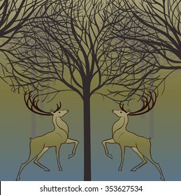 Vector image of reindeer and trees.