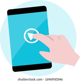Vector image representing the interaction of a user with a smartphone or tablet device required by the system to play a video or audio file, or to proceed in a next step or call to action (CTA).