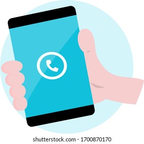 Vector image representing a person holding a smartphone or small tablet device. It invites a user or customer to take, grab, hold, shake, look, check, call or interact with the device.