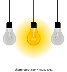 The vector image represents an incandescent lamp in the center and two switched-off incandescent lamps arranged against a white background. Vector illustration for your design