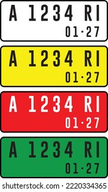 Vector image of the Republic of Indonesia national motor vehicle license plate in white, yellow, red and green color