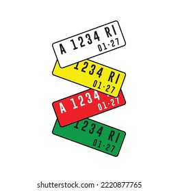 Vector image of the Republic of Indonesia national motor vehicle license plate in white, yellow, red and green color