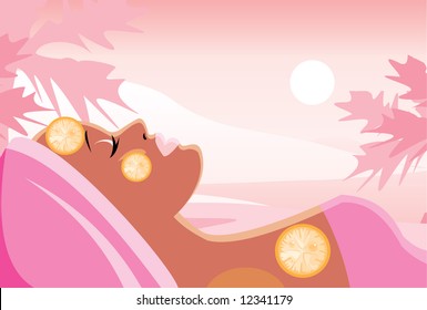 vector image of resting woman with lemon mask