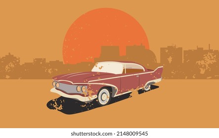 Imagen vectorial de un auto retro en el fondo de la silueta de la ciudad y el sol. Estilo retro. Para uso en logotipos, tarjetas de visita, carteles, postales.