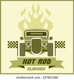 Vector image of a retro car yellow-green with the flame ribbon and inscription on a light background
