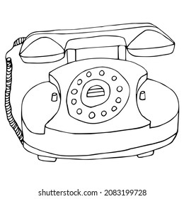 Vektorbild eines Retro-Telefons. Schwarzer Umriss. Handgezeichnet. Design der Plakate, Postkarten, Einladungen, Aufkleber, Feiertage, Logo.