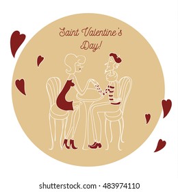 Vector image of retro valentine card. Loving couple in Paris