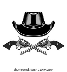 Vector image of revolvers with cowboy hat.