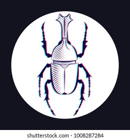 Vector image. Rhinoceros beetle. Engraving. Stereo effect