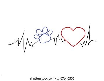 Vector image of the rhythm of the heart and paws of a pet on a white isolated background. Crab, shelter, friendship, help.
