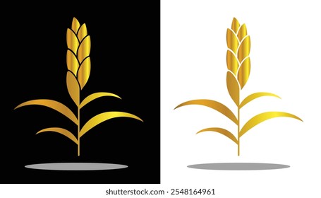 vector image of a rice plant with a simple stalk with gold gradations and a black and white background