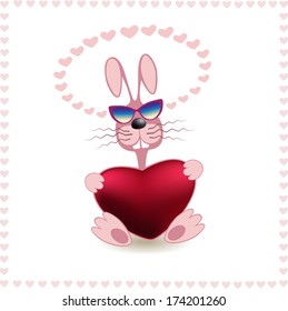 The vector image of a ridiculous pink rabbit with red heart in paws on a white background with pink hearts
