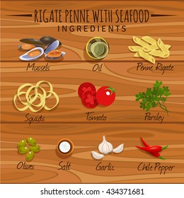 Vector image. Rigate Penne with calamari and mussels