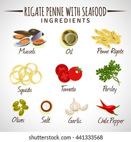 Vector image. Rigate Penne with calamari and mussels. Ingredients