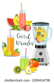Vector image of ripe fruit and jars with fresh smoothies near blender on white background. Juice detox. Good drinks. Strawberry, mango, banana, pineapple, watermelon, kiwi, mint, mandarin.