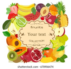 Vector image of ripe fruits for a food set with a place for an inscription. Background picture for fresh products, vitamin eco additives, packaging design and menu, textiles.