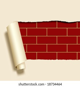 Vector image of ripped paper on a brick-wall
