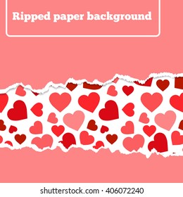 Vector image. ripped piece of paper with pink hearts pattern on the background. Valentines hearts and torn paper