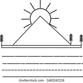 Imagen vectorial de un sol naciente sobre las montañas con agua en el suelo delantero y pinos en la base. El dibujo de la línea es un icono del sol naciente.