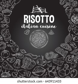 Vector image. Risotto  Ingredients .Cartoon set doodles hand drawn italian food illustration. Line art detailed, with lots of objects background. White outline on black background