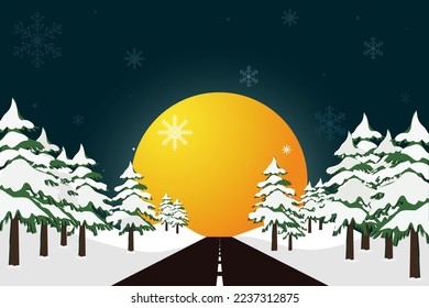 Vector image - road through the forest (moon, sezhinki, fir trees, trees)