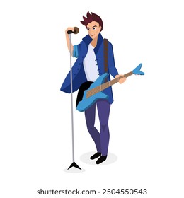 Vector image of a rock band bassist with a blue electric bass and microphone stand.