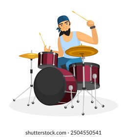 Vector image of a rock band drummer performing on stage with a drum set.