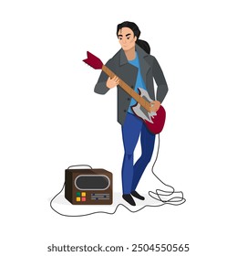 Vector image of a rock band guitarist playing an electric guitar with an amplifier.