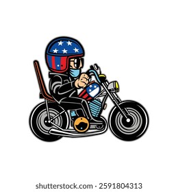 vector image of a rocker man riding a big motorbike. 2d flat vector format.
for design elements, made with illustration software