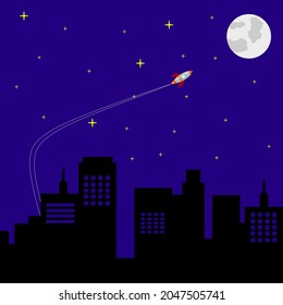 Vector image of rocket launch at night towards the moon 