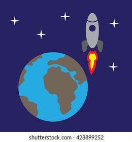 vector image of a rocket soaring above the earth