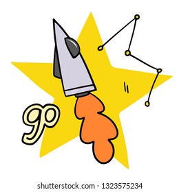 A vector image of a rocket taking off, a star, a constellation and the inscription "go". Image for children's clothing, textiles, illustrations, pins, postcards.